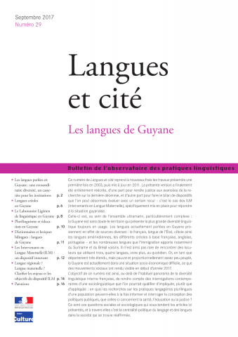 Couverture. Les langues de Guyane. L&C n° 29. 2017