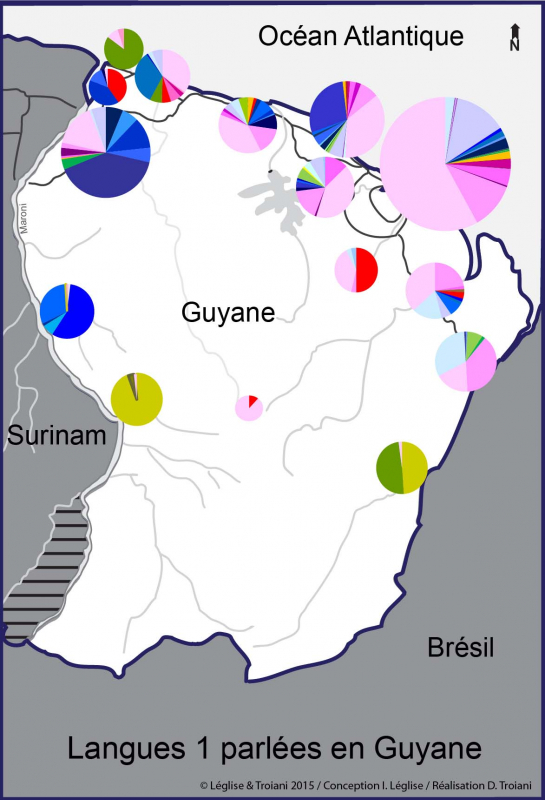 Carte 1 : distribution géographique des langues de première socialisation parlées en Guyane 