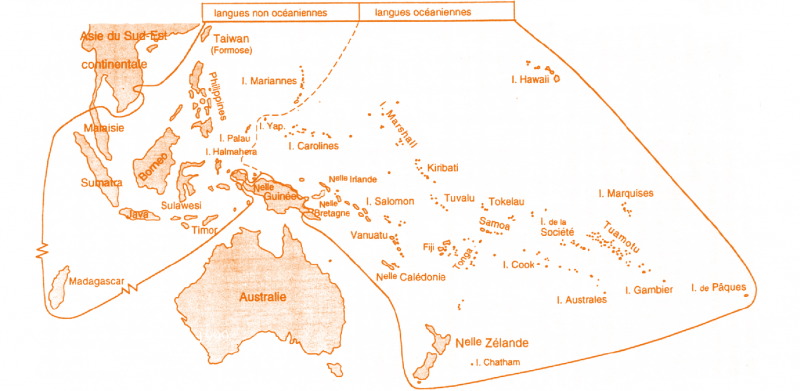 CARTE 1 - Extension géographique de la famille austronésienne et sous‑ensembles des langues océaniennes et non océaniennes, Ozanne-Rivierre, 1998 