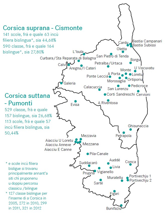 Parte di l’insignamentu bislinguu in u primu gradu (2012 / 2013) (120 scole incù filiera bislingua, frà e quale 46 offranu un percorsu completu - materna/CM2 - *)